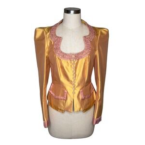 Christian Lacroix Vintage 1998 Gold Pink Silk Blazer Ruched Trim French Size 44